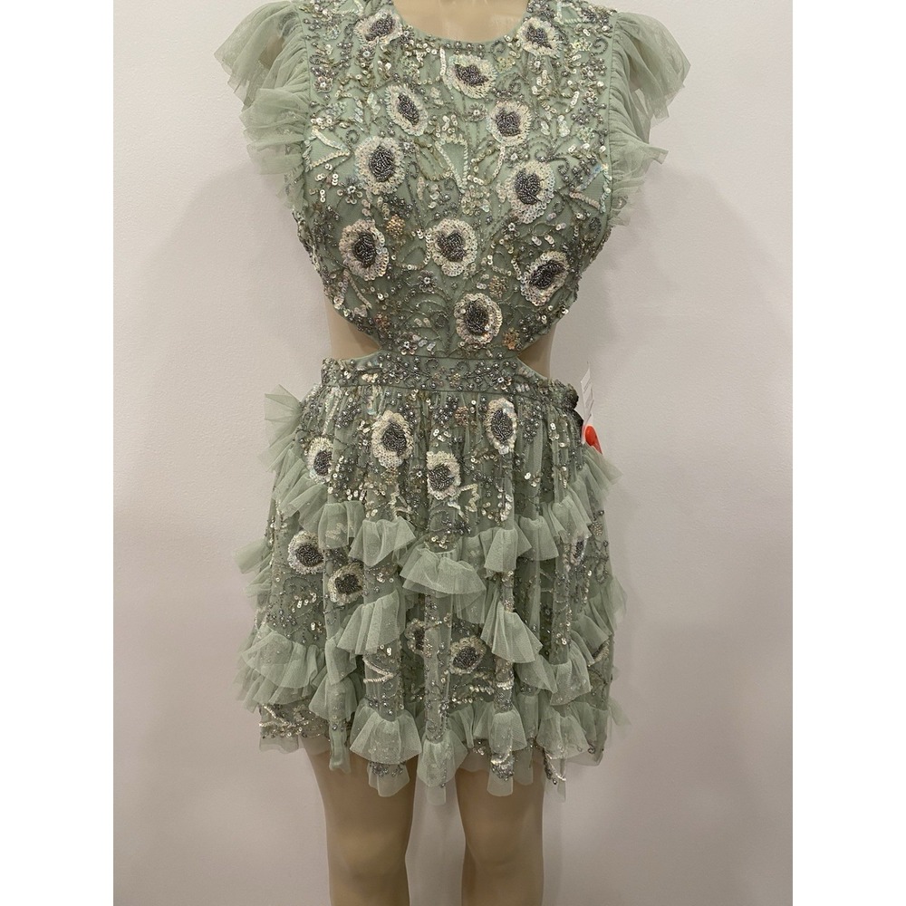 Mac Duggal 35101 Dress Seafoam Green Floral Mini Cutout Waist Sequin Beaded SZ 6 - Picture 4 of 12